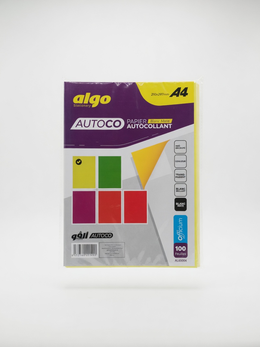 Papier Autocollant Couleur Jaune A4 Algo Autoco | Paquet de 100 Feuilles