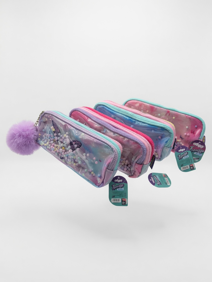 Trousse Scolaire Transparente à Billes Algo avec Pompom | Trousse à Crayons Fille