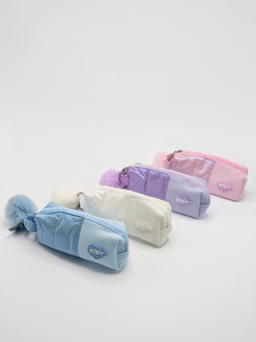 Trousse Scolaire Bimatière Algo avec Pompom | Trousse à Crayons Pastel Effet Satin et Maille