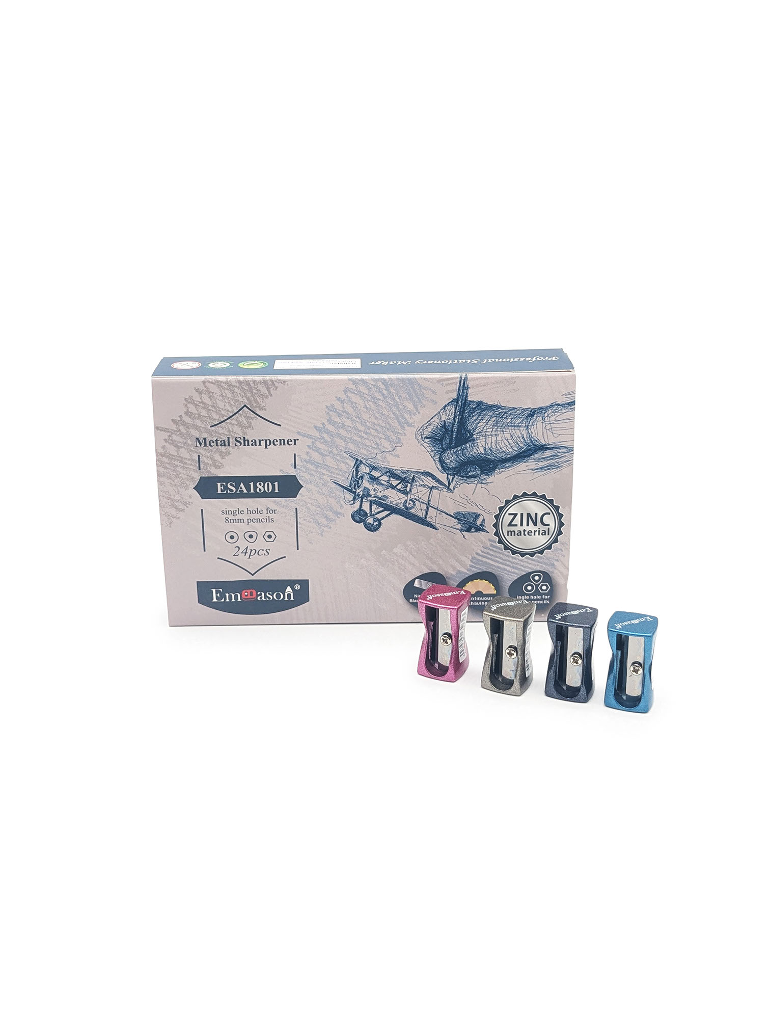 Taille-crayon métal ergonomique Emason – boîte de 24